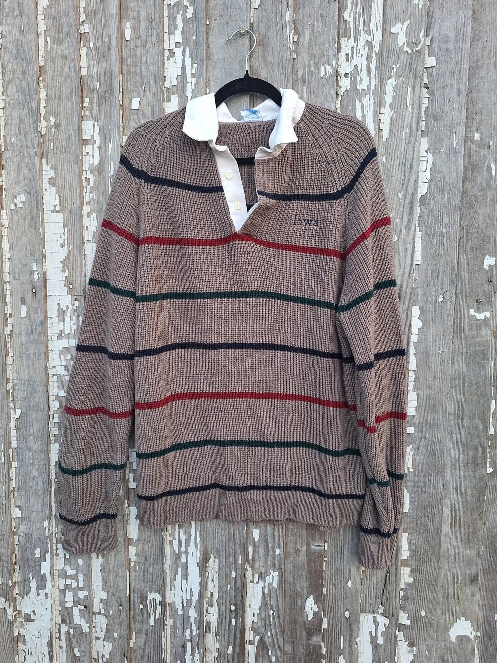 Vintage Champion Taupe Rugby Sweater Red, Green, and Navy Stripes Iowa Size XL